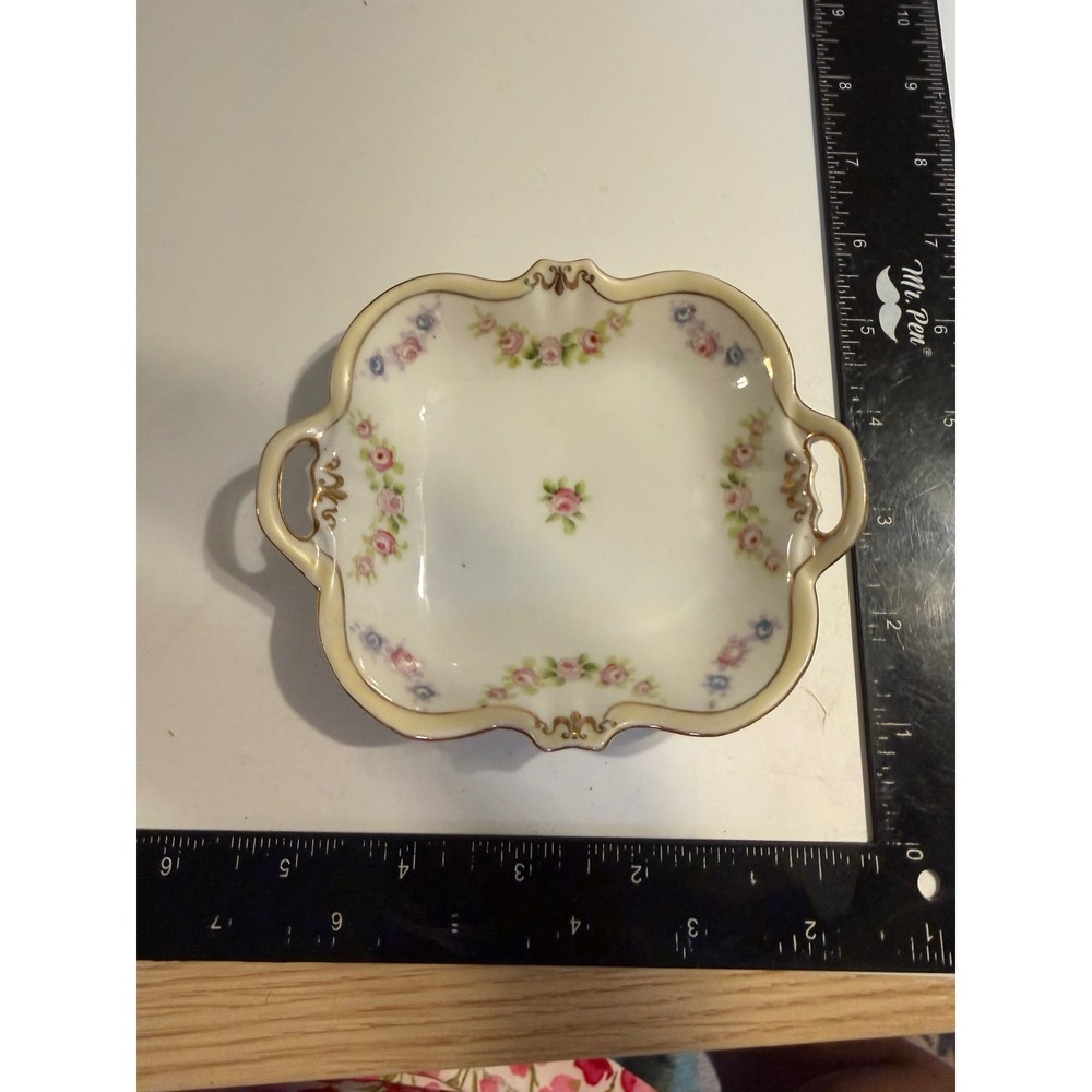 Nippon Hand Painted Porcelain Nut Bowl Pink Rose Gold Scalloped Trinket Dish